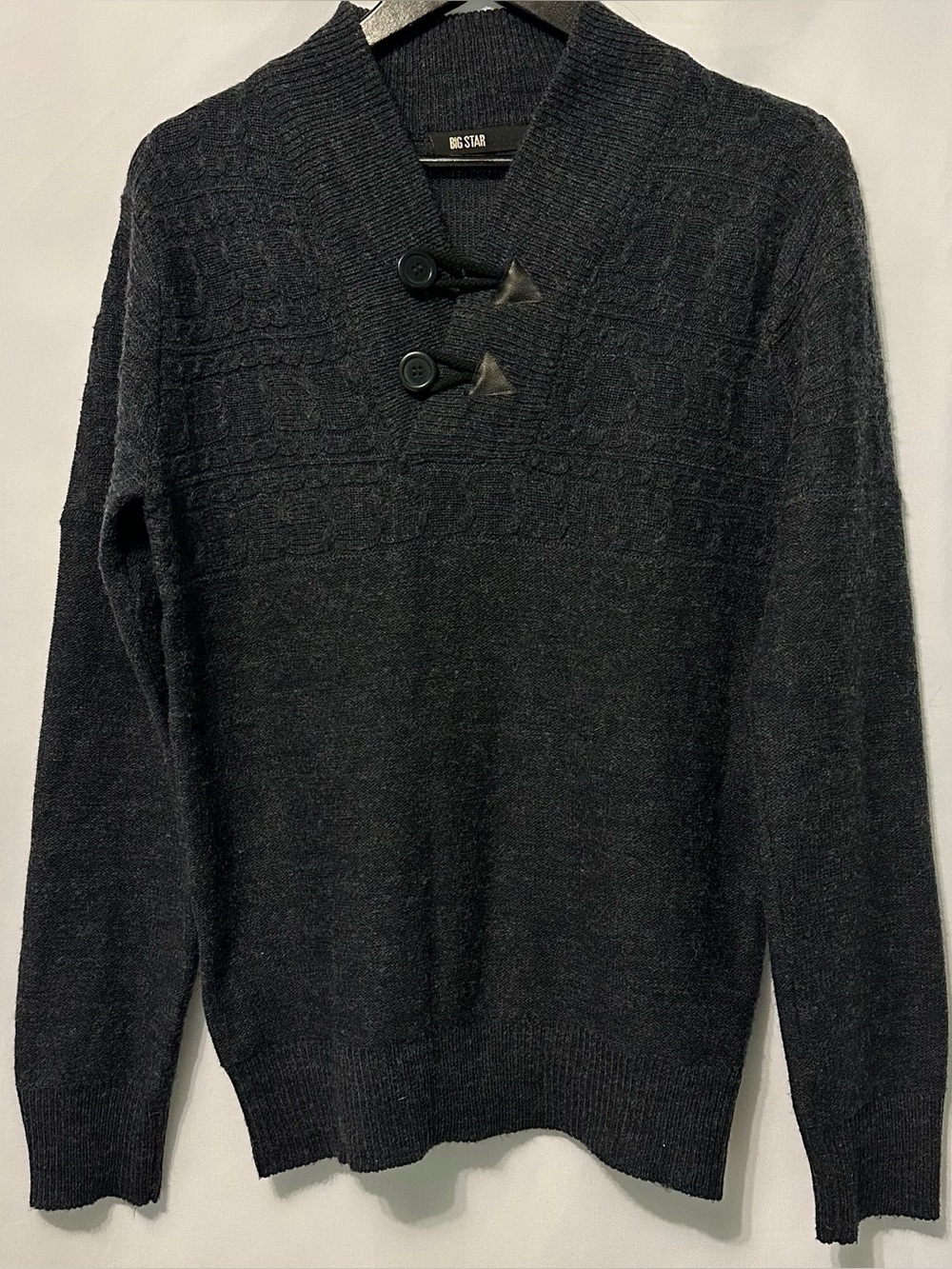 Big Star Sweater Blue Shawl Collar Toggle Button Size Medium See Measurements